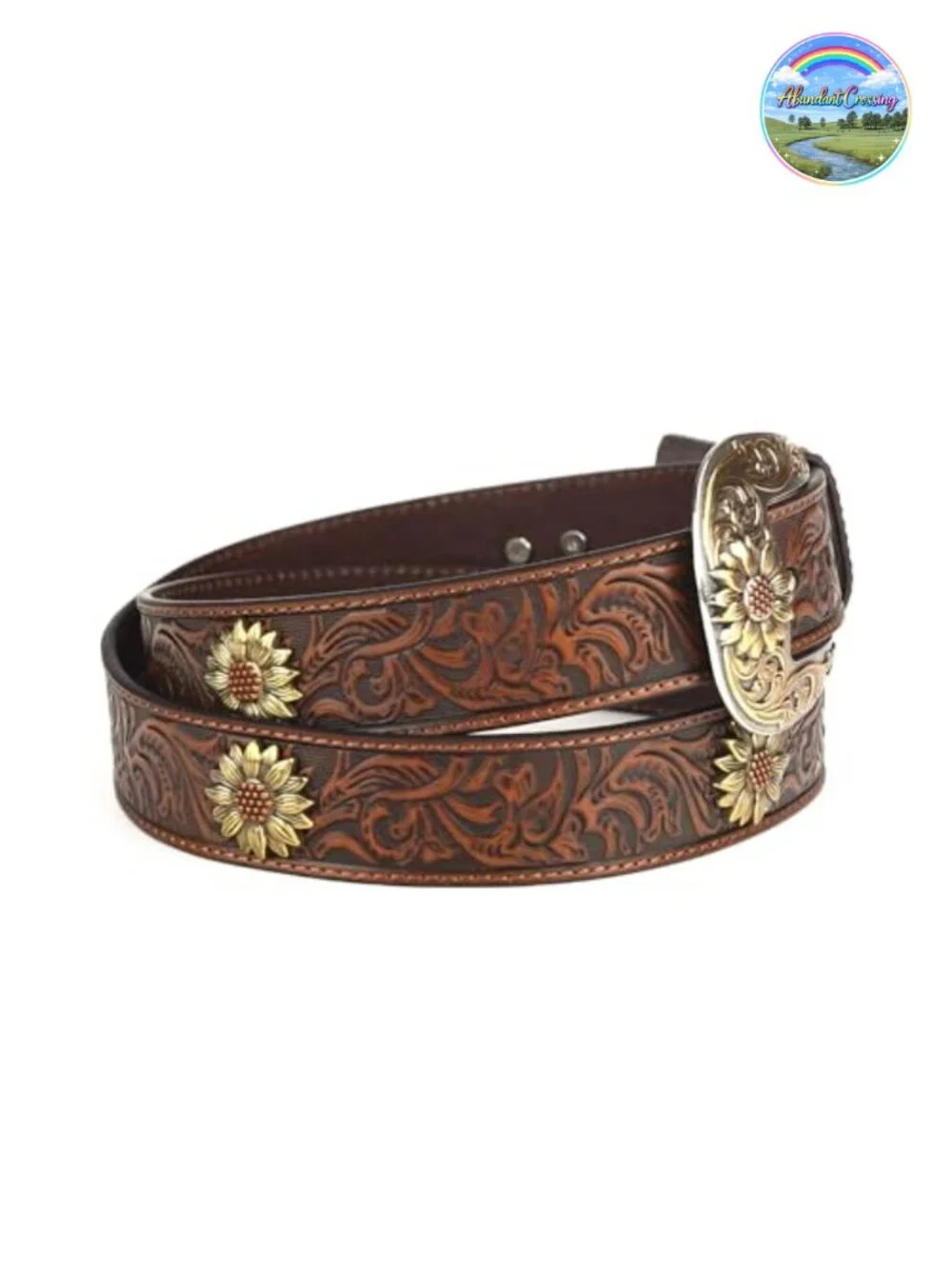 Genuine Leather Floral Tooled Western Belt with Concho Buckle 1.5in